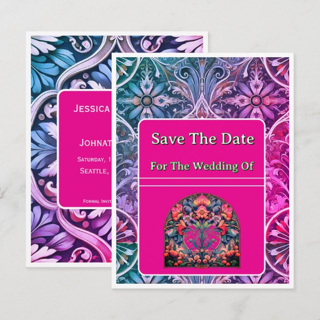 Save The Date Card Pink/Blue Pattern (Front/Back)