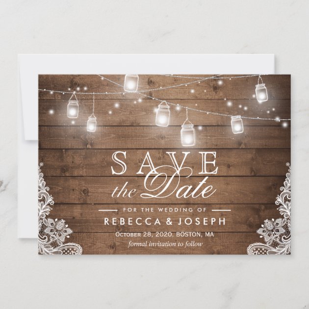 Save The Date Card Rustic Mason Jar String Lights