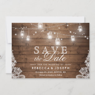 Save the Date Card Rustic Mason Jar String Lights