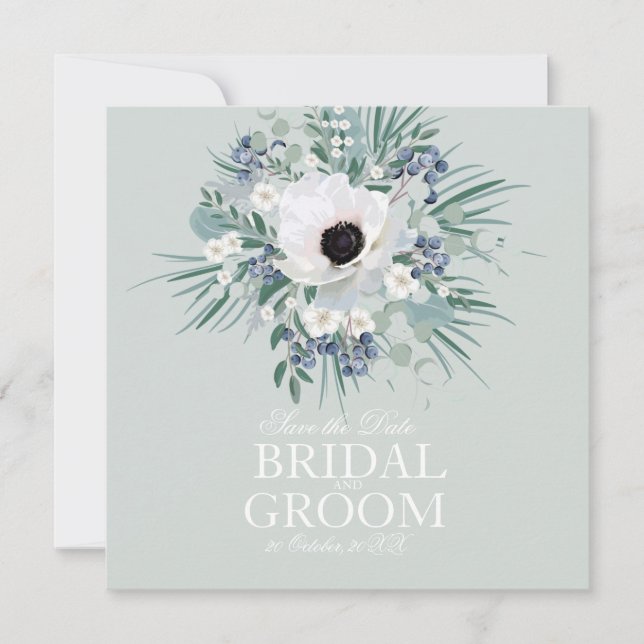 Save the date card white anemone sage green (Front)