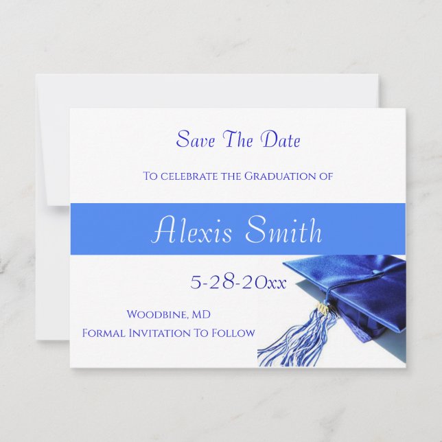 Save The Date Cards - Blue Graduation Cap (Front)