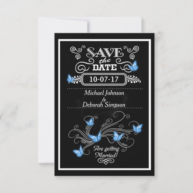 Save The Date Cards Chalkboard Blue Butterflies (Front)