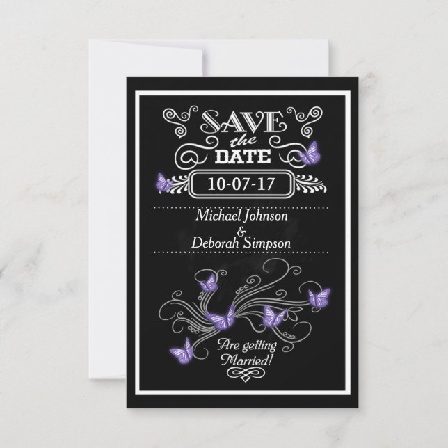 Save The Date Cards Chalkboard Purple Butterflies (Front)