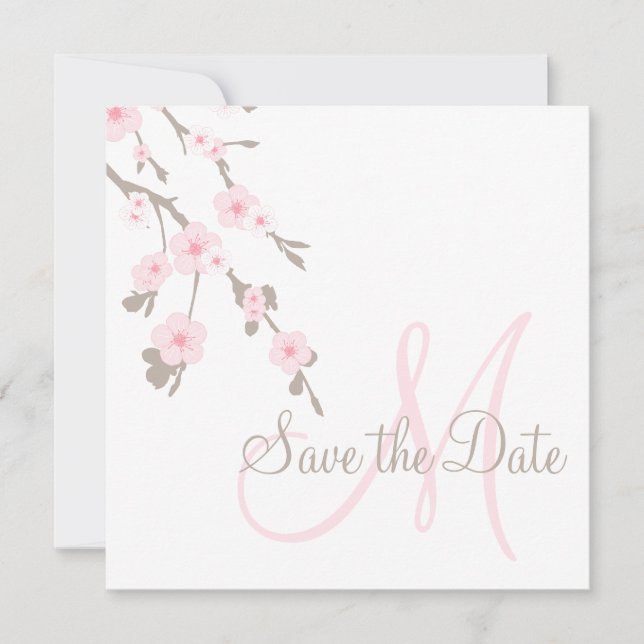 Save the Date Cards Cherry Blossoms with Monogram (Front)