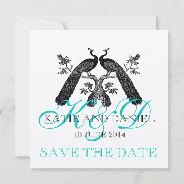Save the Date Cards Peacocks Monogram SIlver (Front)