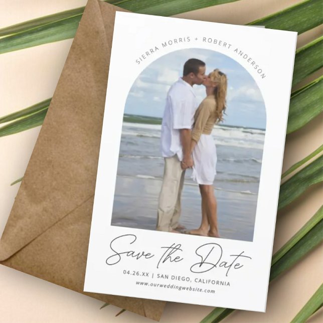 Save the Date Casual Smooth Pen Script Arch Photo (Creator Uploaded)