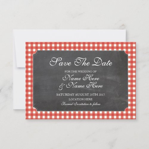 Save The Date Chalk Red Check Rustic Wedding Card