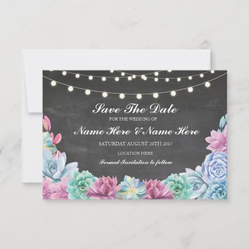 Save The Date Chalk Rustic Succulents Lights Card