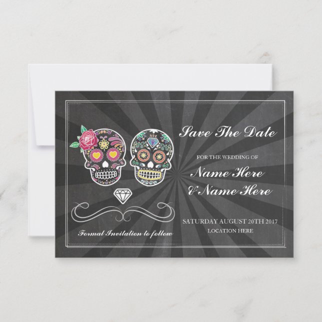 Save The Date Chalk Rustic Sugar Skulls Card (Front)