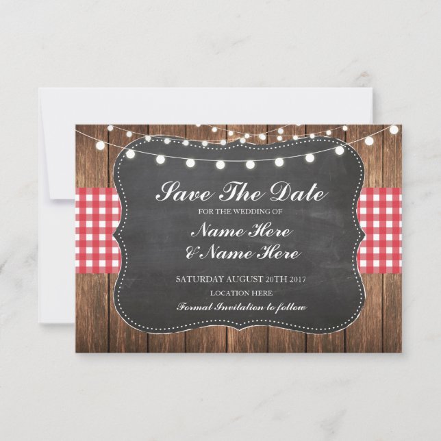 Save The Date Chalk Wood Rustic Red Check Card (Front)