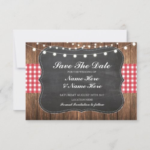 Save The Date Chalk Wood Rustic Red Check Card