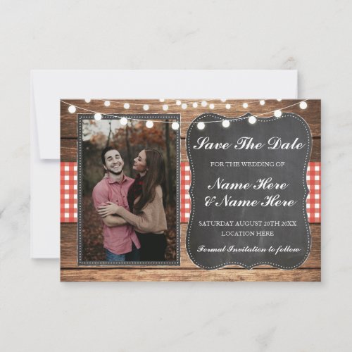 Save The Date Chalk Wood Rustic Red Check Photo