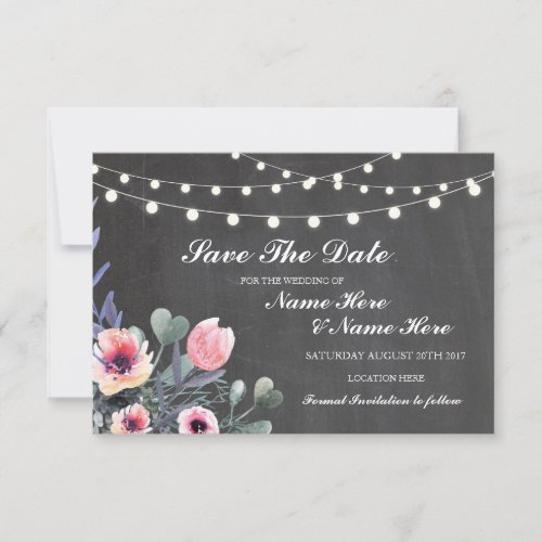 Save The Date Chalkboard Rustic Floral Lights Card