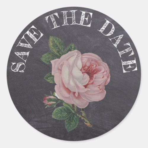 Save The Date Chalkboard Style Vintage Rose Classic Round Sticker