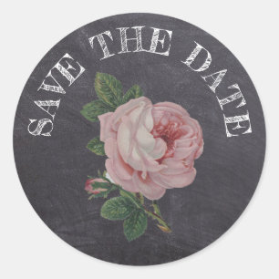 Save The Date Chalkboard Style Vintage Rose Classic Round Sticker