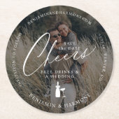 Save the Date Cheer! Free Drinks & A Wedding Photo Round Paper Coaster (Front)