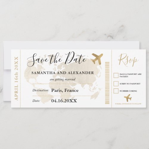 Save the date chic gold world map boarding pass