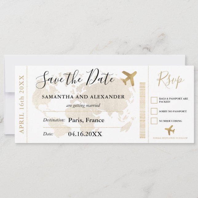 Save the date chic gold world map boarding pass (Front)