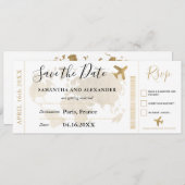 Save the date chic gold world map boarding pass (Front/Back)