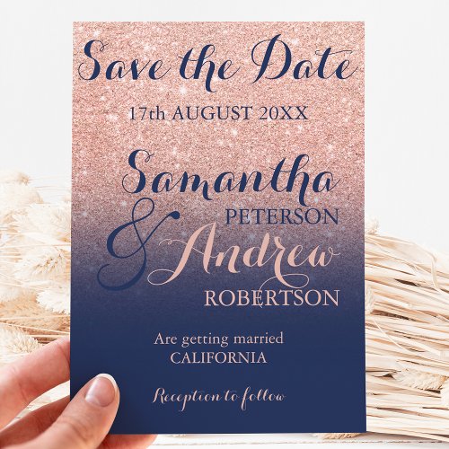 Save the Date Chic rose gold glitter navy blue Announcement Postcard