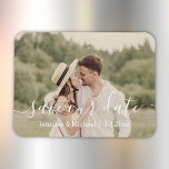 save the date chic white handwriting wedding photo magnet<br><div class="desc">save our date, modern script country wedding photo magnet, custom</div>
