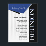 Save the Date Class reunion Announcement Postcard<br><div class="desc">There's no mistaking it - this is a class reunion save the date card.  The sophisticated design in blue,  black,  silver,  and white is a classy way to announce the upcoming event. Subtle grey stripes in the background add interest and depth to the design.</div>