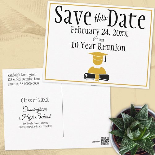 Save The Date Class Reunion Minimalist Black Gold Postcard