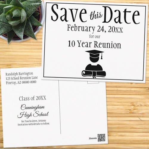 Save The Date Class Reunion Minimalist Black White Postcard