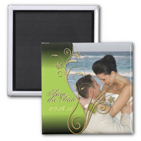 Save The Date Classy Green & Gold Floral Magnet