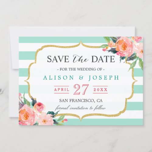 Save The Date | Classy Mint Green Stripes Floral
