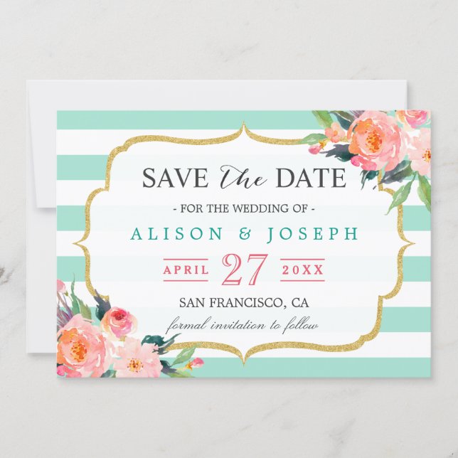 Save The Date | Classy Mint Green Stripes Floral (Front)