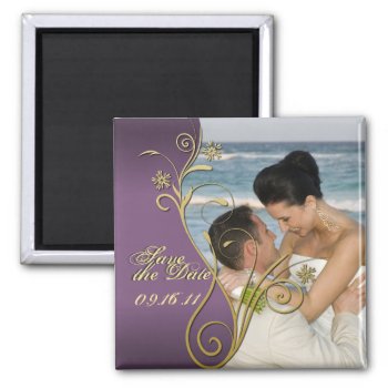 Save The Date Classy Purple & Gold Floral Magnet by OLPamPam at Zazzle