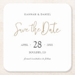 Save the Date Coaster with Modern Typography<br><div class="desc">This simply chic wedding save the date coaster features 'Save the Date' is in a lively modern, relaxed script in an elegant gold tone called California Gold. This script element of the design cannot be altered. The other text is a mix of black, slightly softened black and dark gray by...</div>