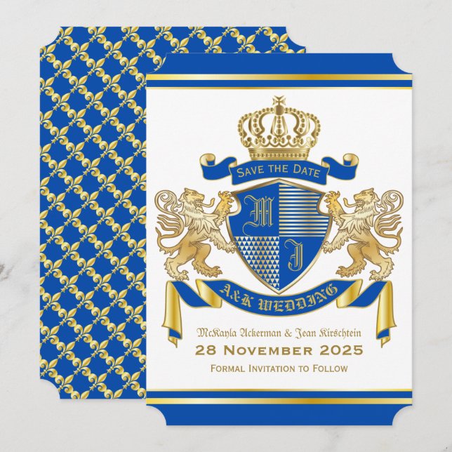 Save the Date Coat of Arms Blue Gold Lion Emblem Invitation (Front/Back)