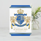Save the Date Coat of Arms Blue Gold Lion Emblem Invitation (Standing Front)