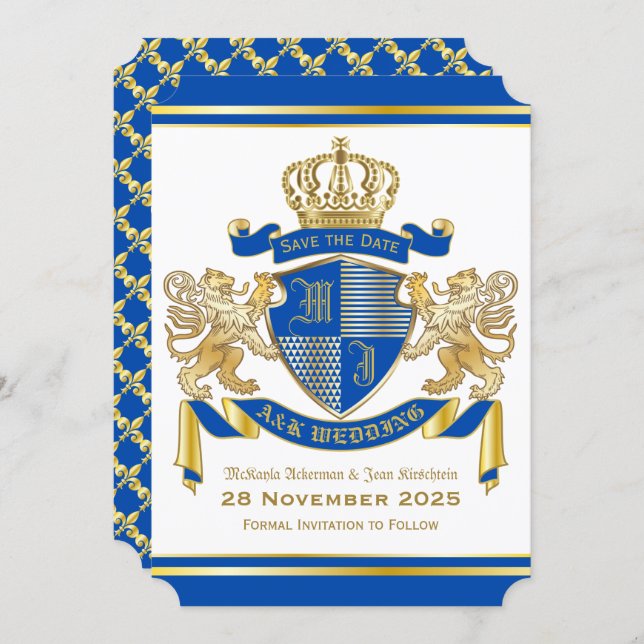 Save the Date Coat of Arms Blue Gold Lion Emblem Invitation (Front/Back)