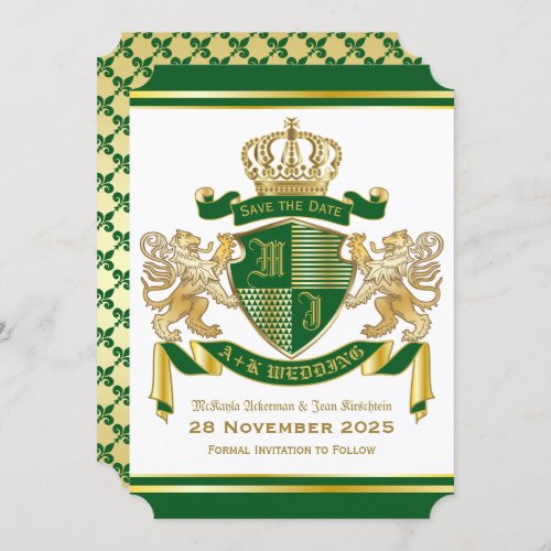 Save the Date Coat of Arms Green Gold Lion Emblem Invitation