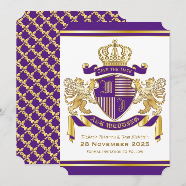 Save the Date Coat of Arms Purple Gold Lion Emblem Invitation (Front/Back)