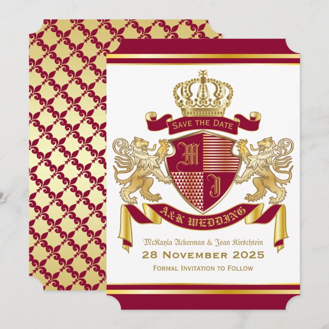 Save the Date Coat of Arms Red Gold Lion Emblem Invitation (Front/Back)