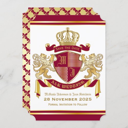 Save the Date Coat of Arms Red Gold Lion Emblem Invitation