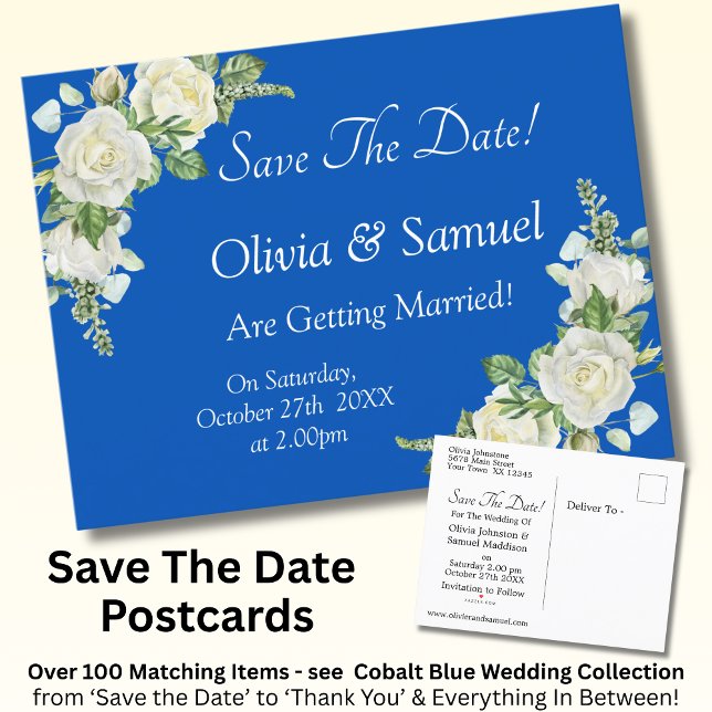 Save The Date - Cobalt Blue & White Roses Wedding  Announcement Postcard (Creator Uploaded)
