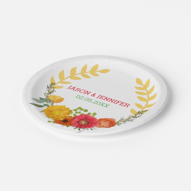 Save The Date - Colorful Floral Wreath Paper Plates (Angled)