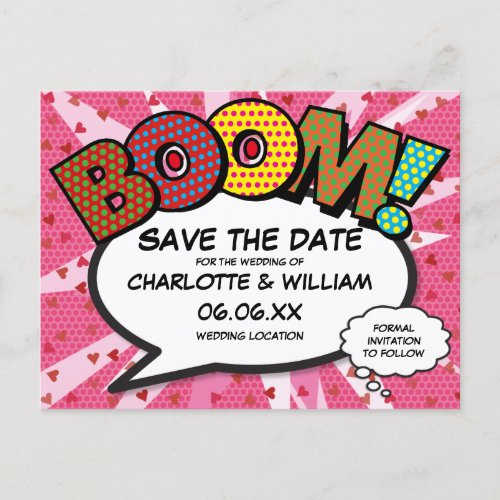 Save the Date Comic Book BOOM Modern Pink Fun Announcement Postcard