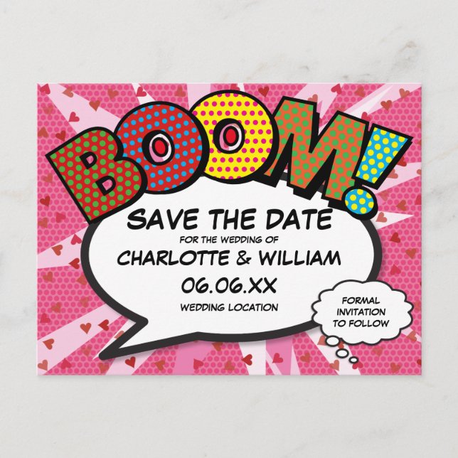 Save the Date Comic Book BOOM Modern Pink Fun Announcement Postcard (Front)