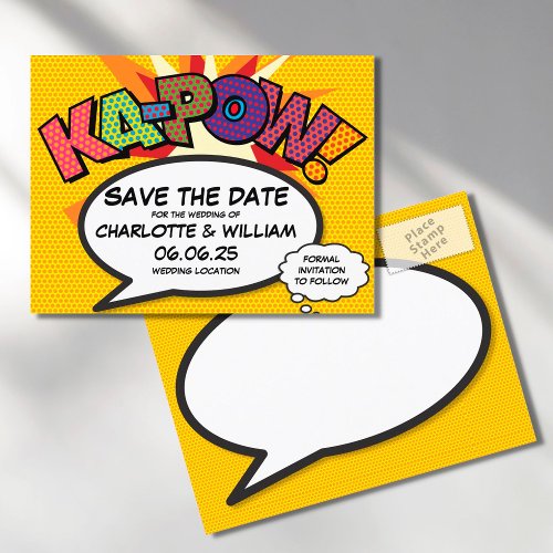 Save the Date Comic Book KA_POW Modern Fun Announcement Postcard