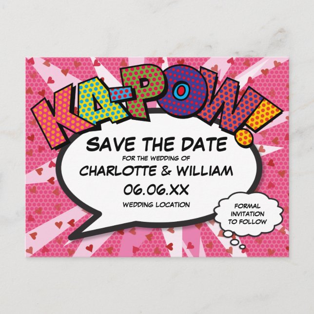 Save the Date Comic Book KAPOW Modern Pink Fun Announcement Postcard (Front)