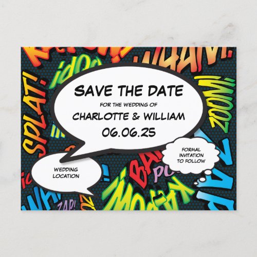 Save the Date Comic Book Theme Superhero Wedding Announcement Postcard