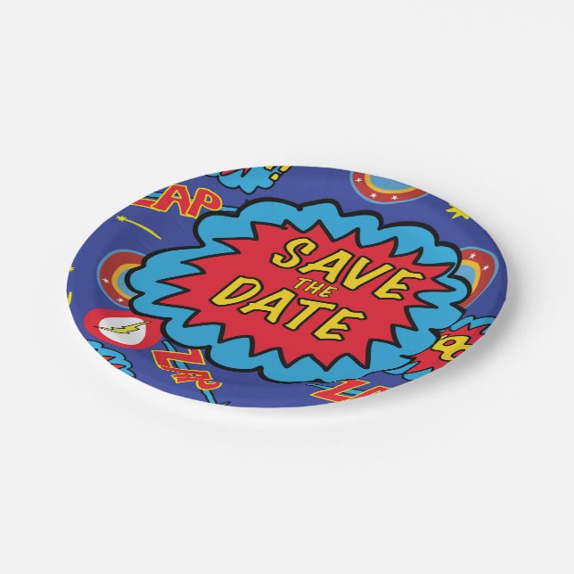Save the Date Comic Heroes Paper Plates (Angled)