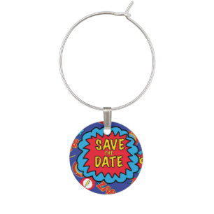 Save the Date Comic Heroes Wine Charm