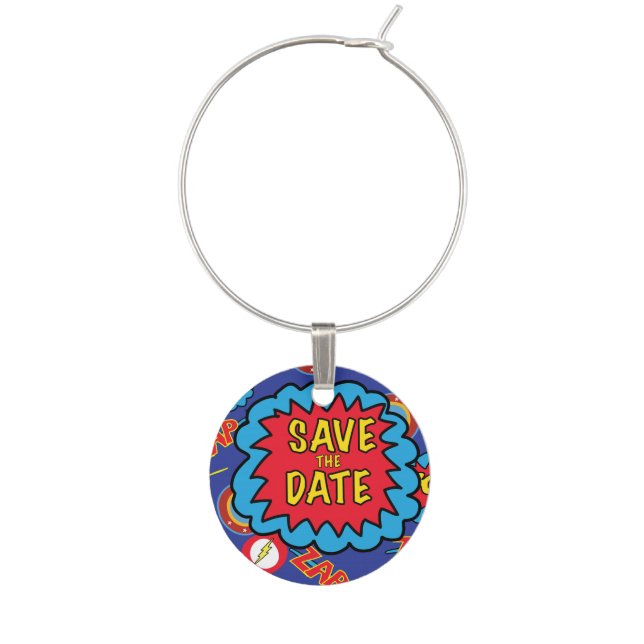 Save the Date Comic Heroes Wine Charm (Front)